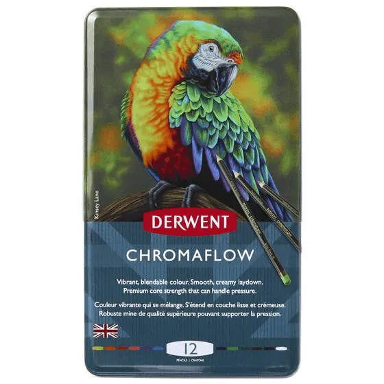 12 Derwent ChromaFlow Coloured Pencils Tin Set Rich Vibrant