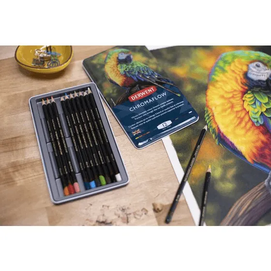 12 Derwent ChromaFlow Coloured Pencils Tin Set Rich Vibrant