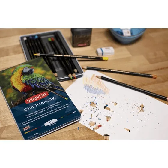 12 Derwent ChromaFlow Coloured Pencils Tin Set Rich Vibrant