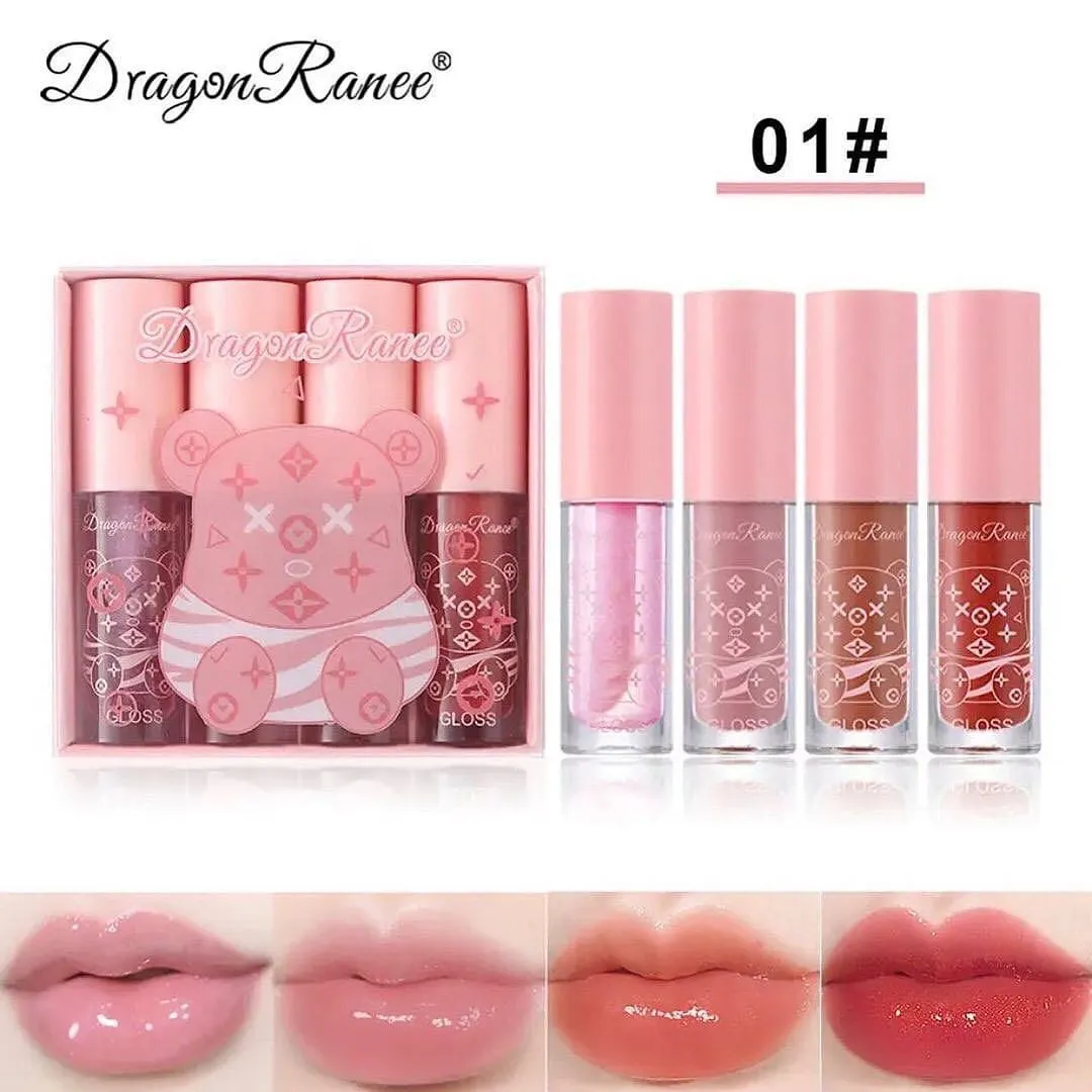 Dragon Ranee - 4pcs Bear Beauty Mirror Crystal Jelly Lip Gloss
