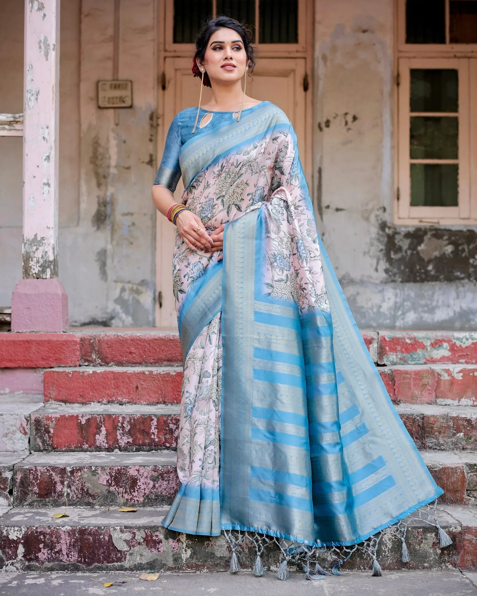 Elegant Floral Banarasi Silk Saree in Sky Blue and Blush Pink with Zari Weave and Tassels