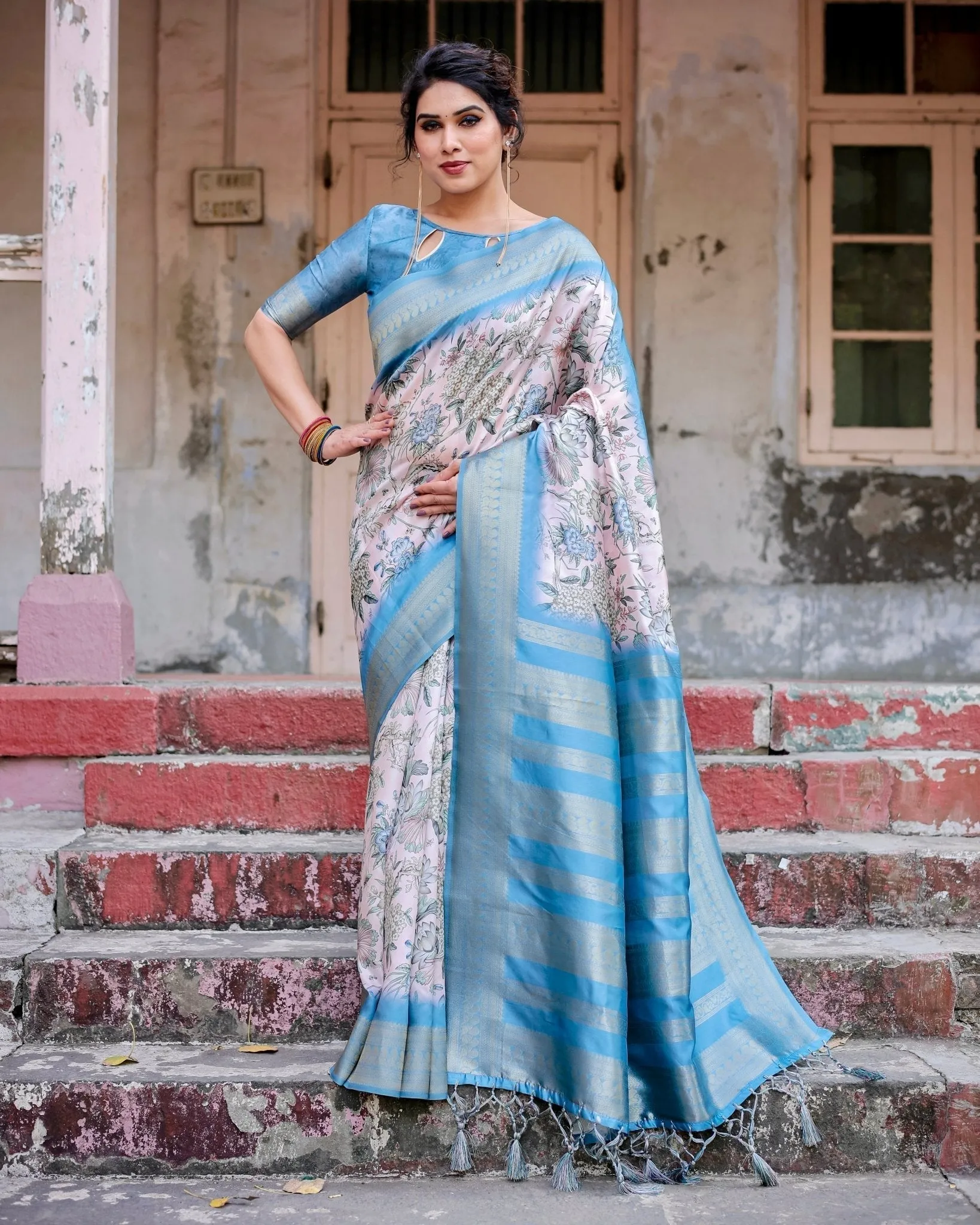 Elegant Floral Banarasi Silk Saree in Sky Blue and Blush Pink with Zari Weave and Tassels