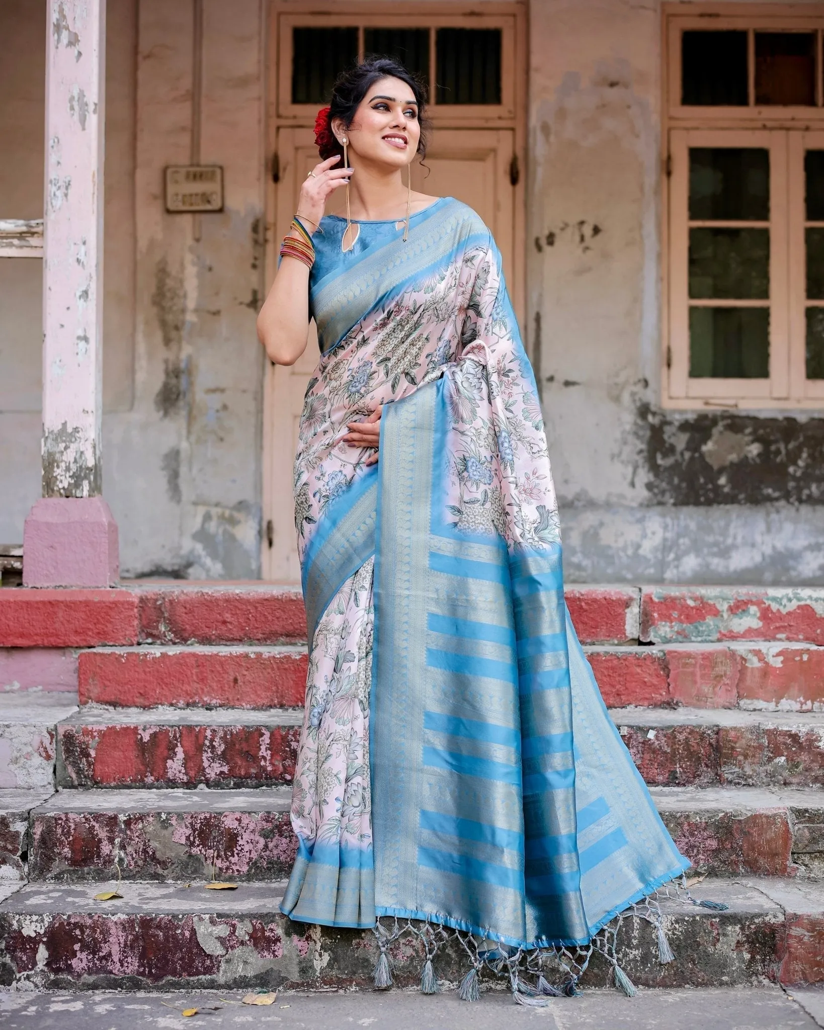 Elegant Floral Banarasi Silk Saree in Sky Blue and Blush Pink with Zari Weave and Tassels