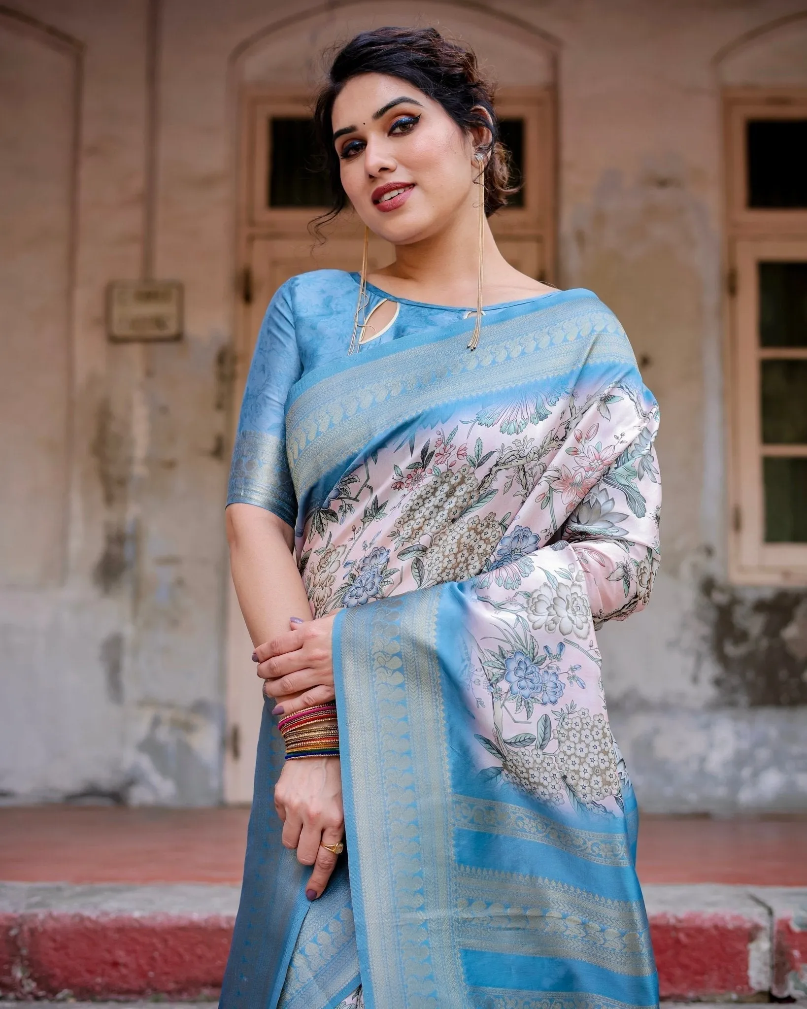 Elegant Floral Banarasi Silk Saree in Sky Blue and Blush Pink with Zari Weave and Tassels