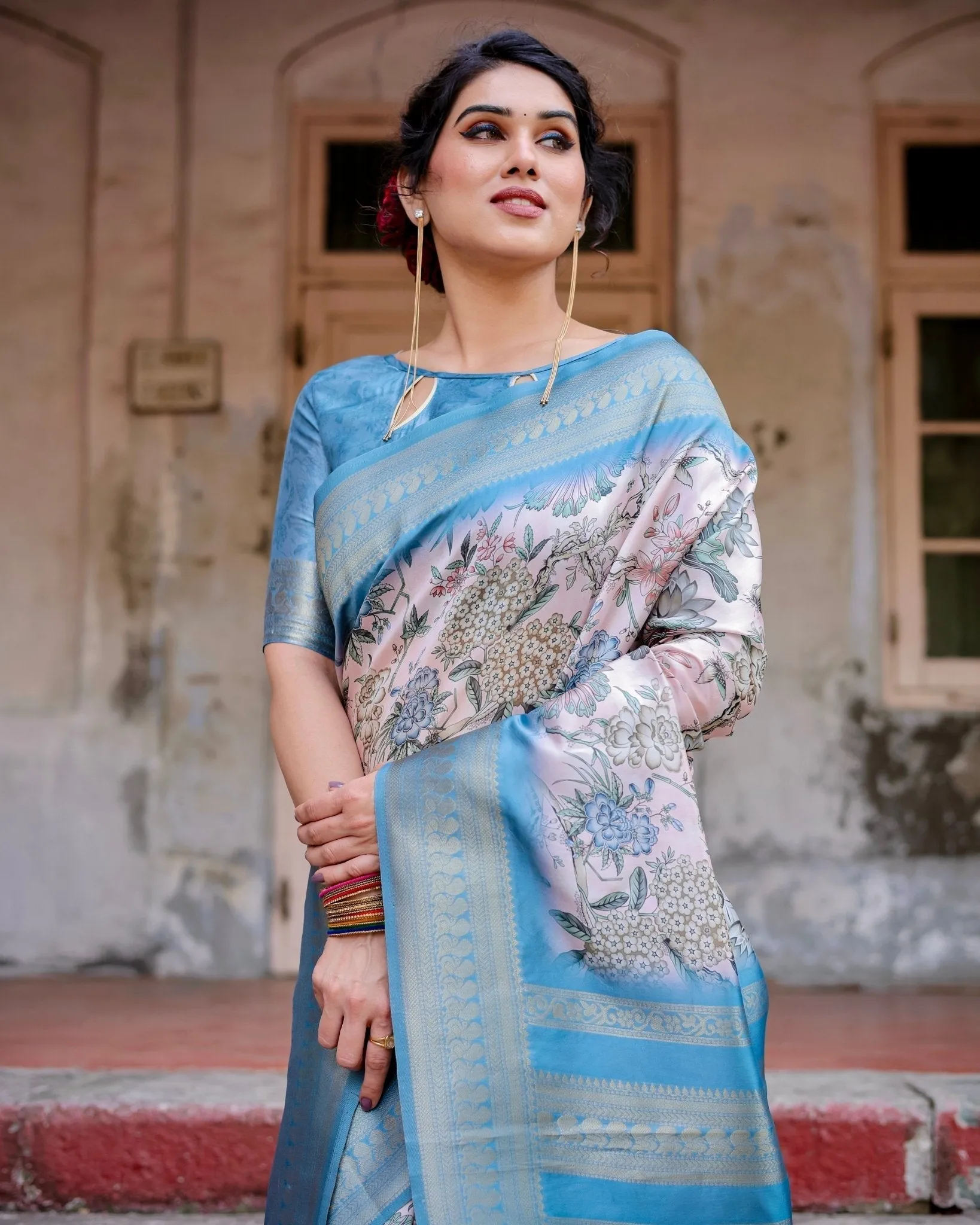 Elegant Floral Banarasi Silk Saree in Sky Blue and Blush Pink with Zari Weave and Tassels