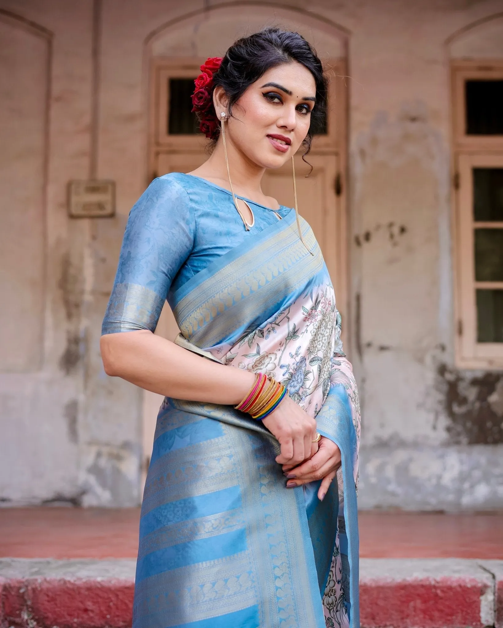 Elegant Floral Banarasi Silk Saree in Sky Blue and Blush Pink with Zari Weave and Tassels