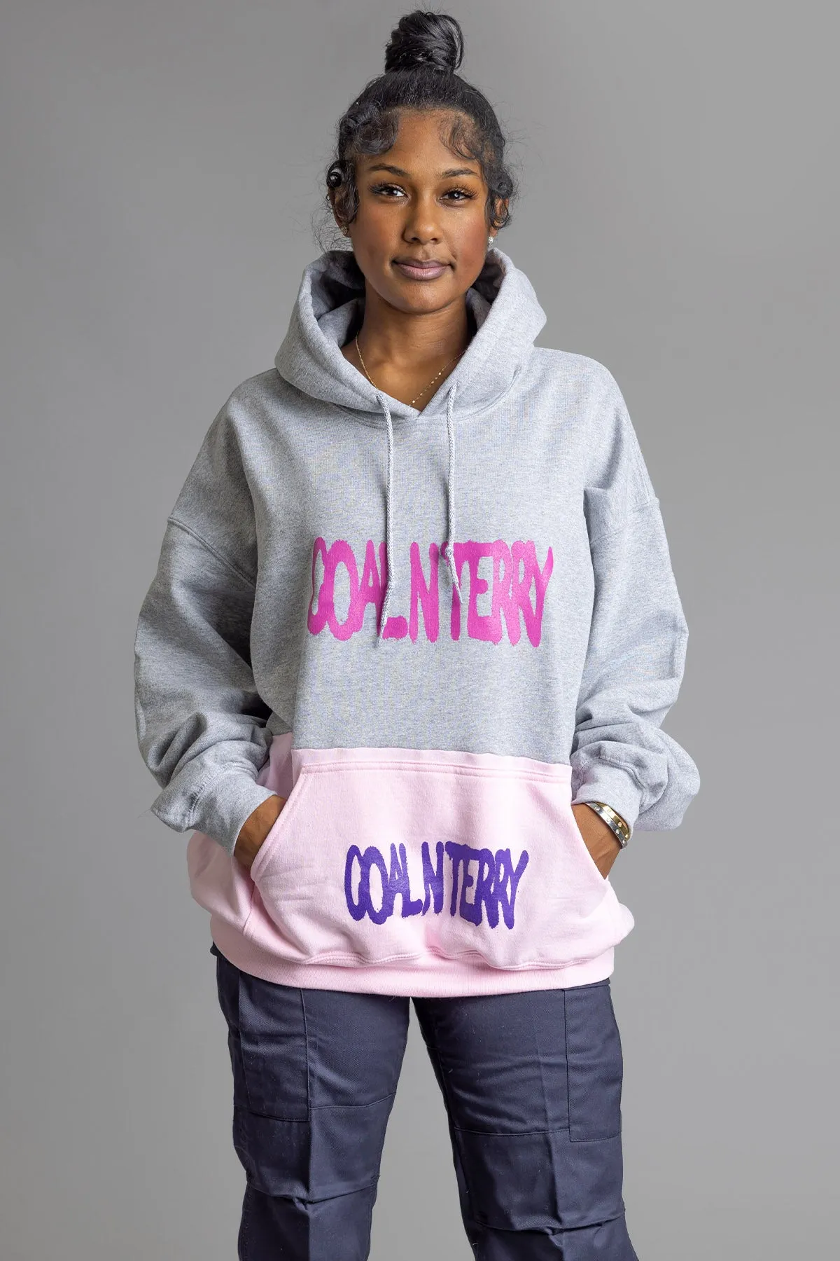 LIGHT GREY N PINK PATCHWORK SPRAY HOODIE