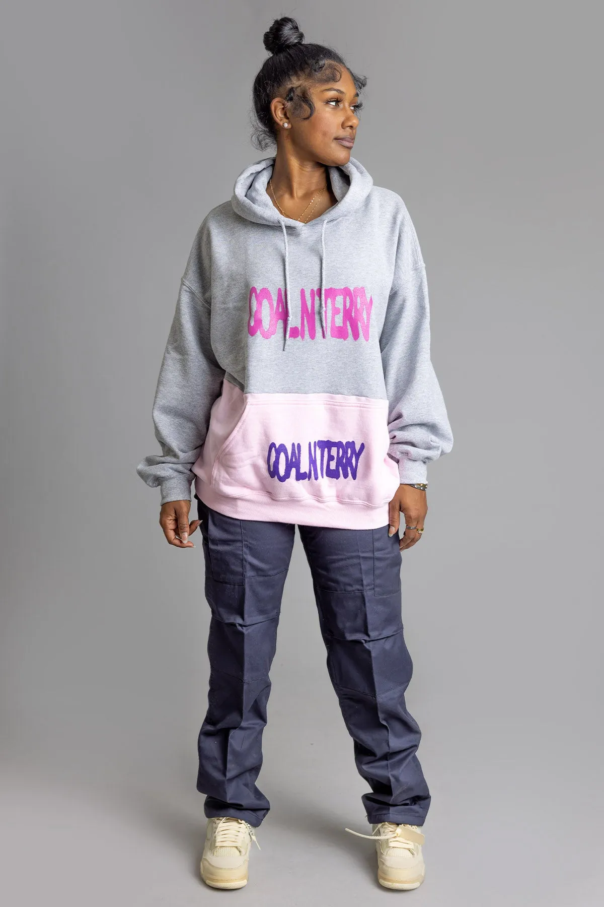 LIGHT GREY N PINK PATCHWORK SPRAY HOODIE