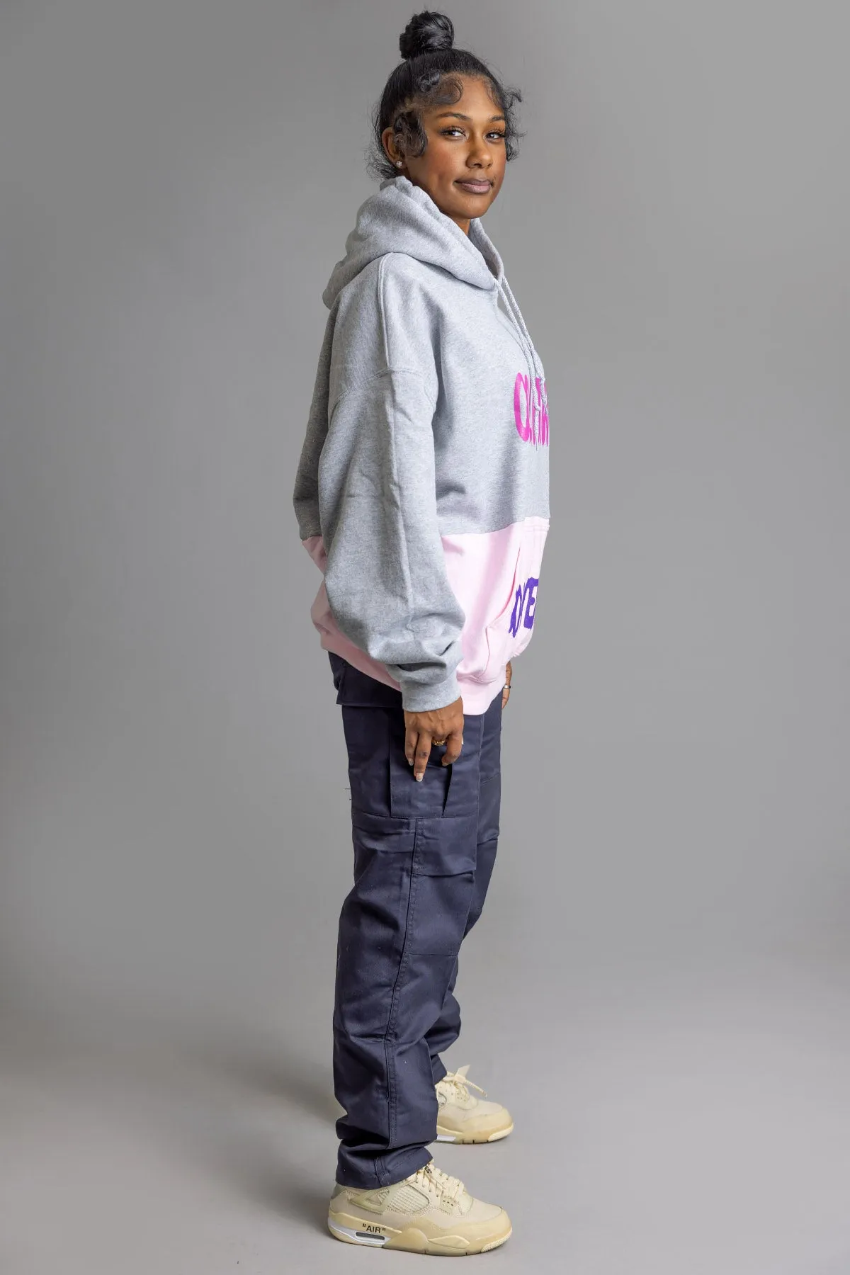 LIGHT GREY N PINK PATCHWORK SPRAY HOODIE