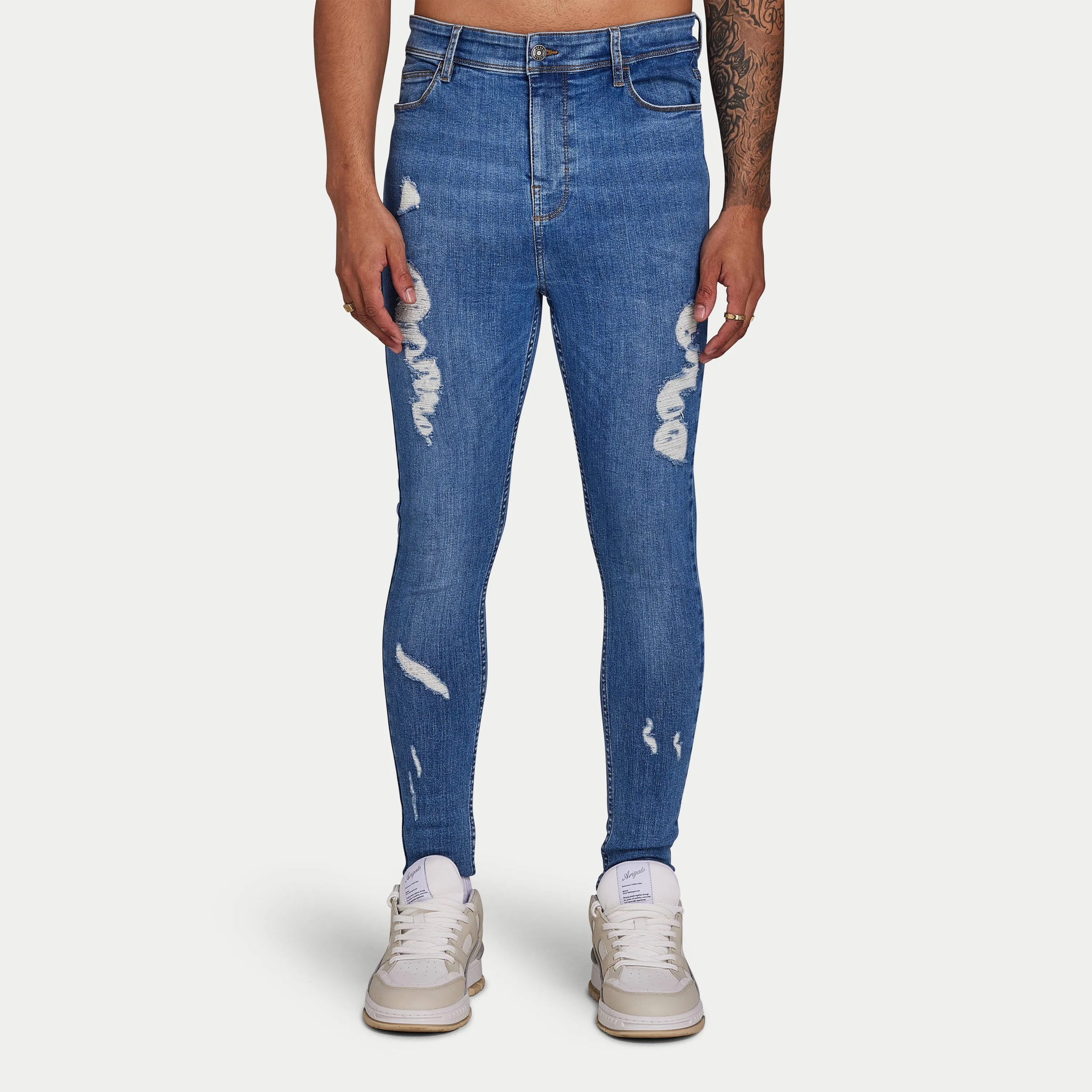 Mens Spray-on Ripped Jean - Mid Blue