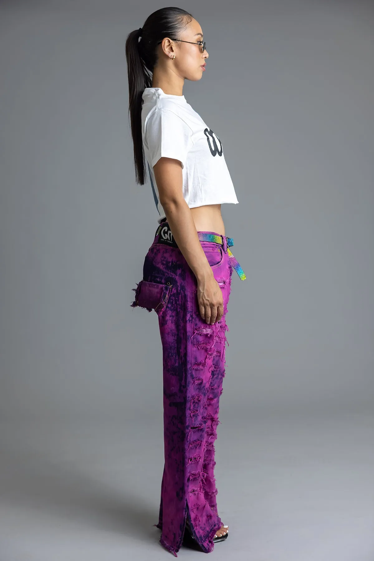 WHITE N BLUE TWO-TONE SPRAY CNT CROP TEE