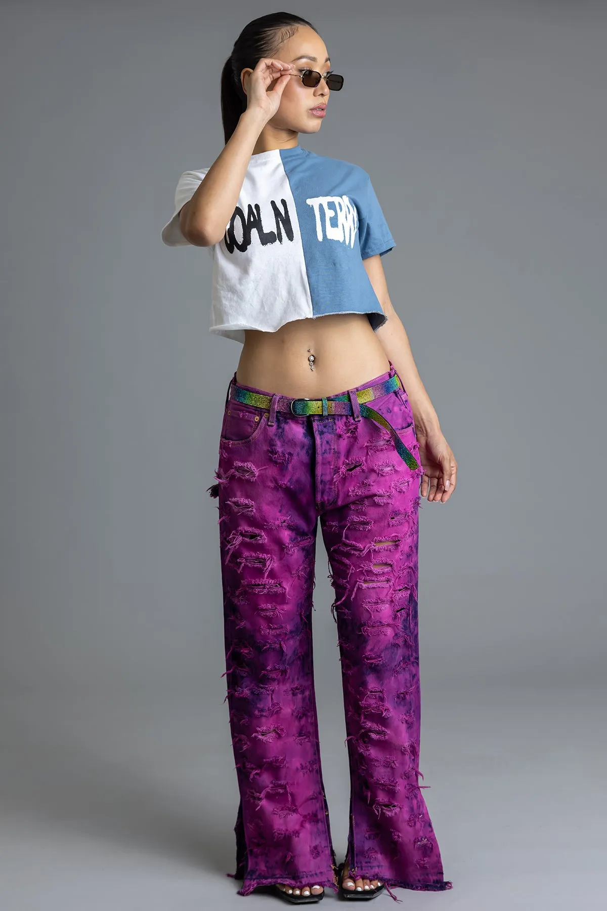 WHITE N BLUE TWO-TONE SPRAY CNT CROP TEE