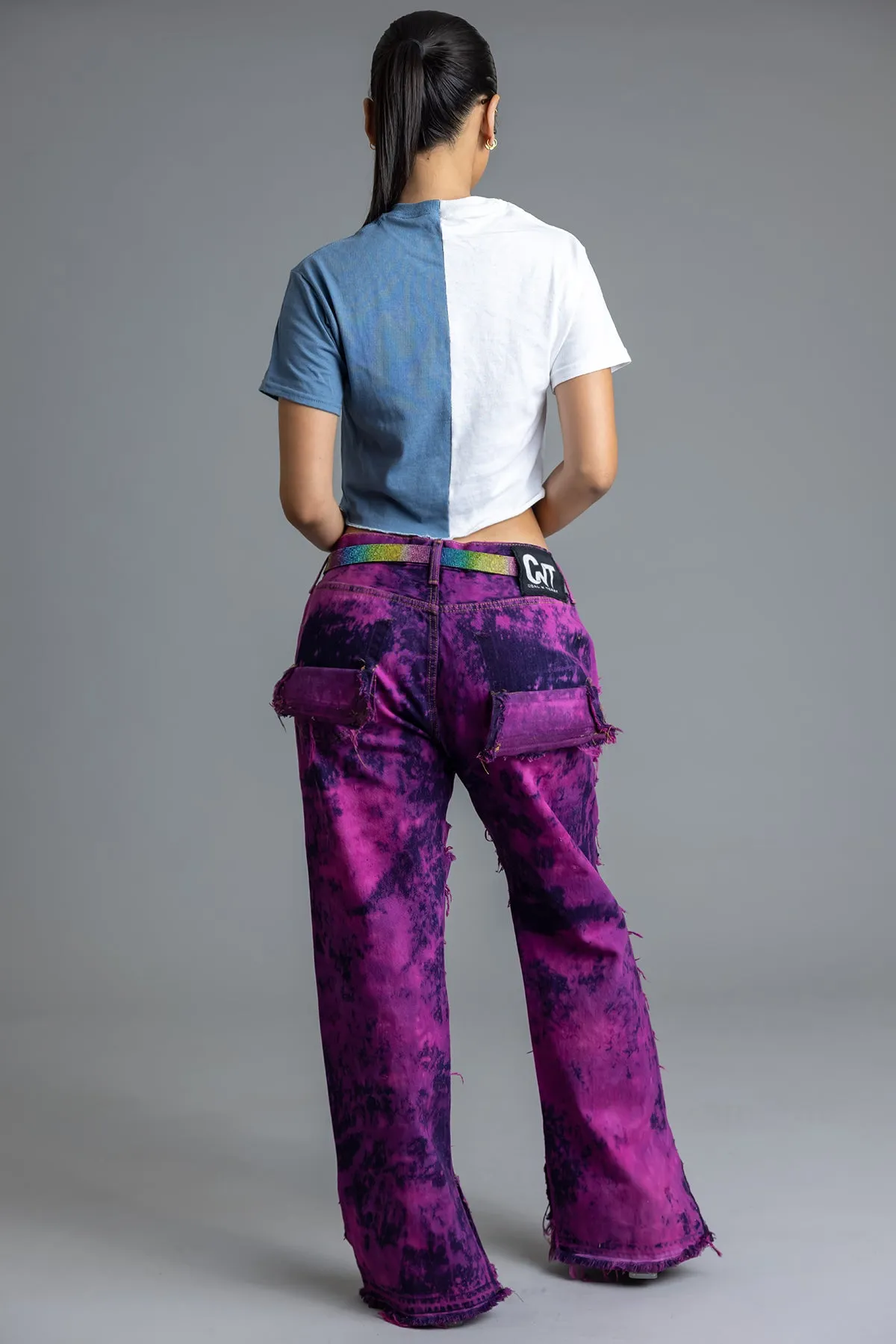 WHITE N BLUE TWO-TONE SPRAY CNT CROP TEE