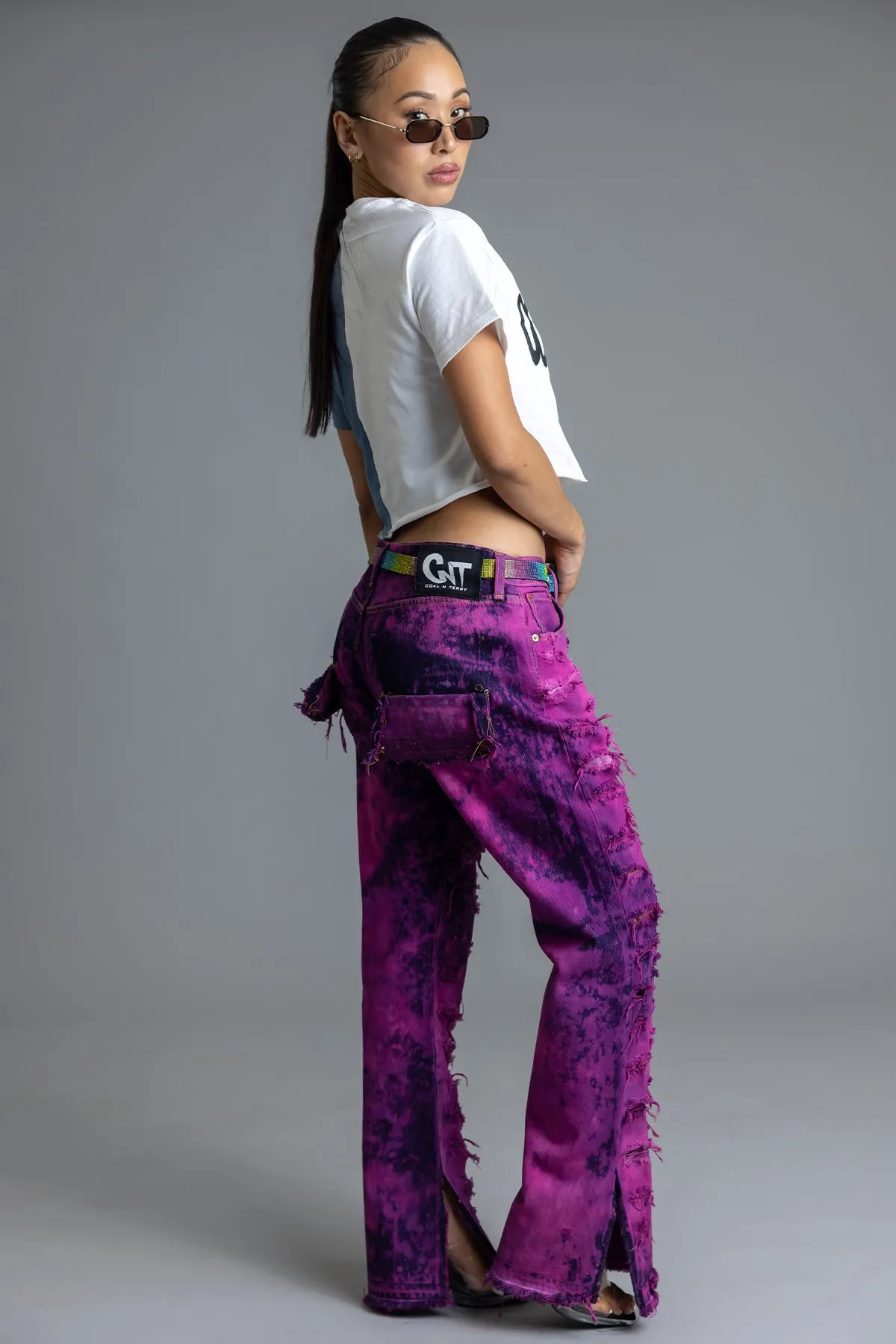 WHITE N BLUE TWO-TONE SPRAY CNT CROP TEE